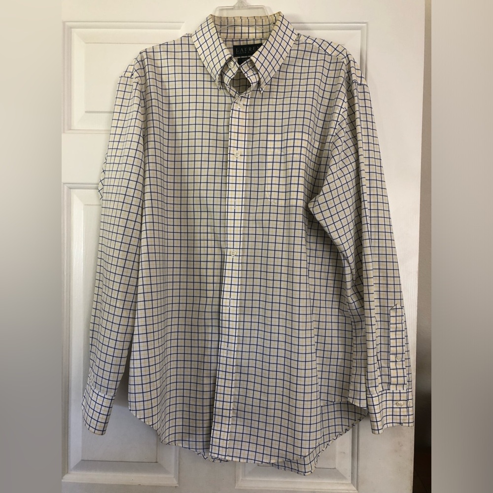 Ralph Lauren yellow & blue button down long sleeve shirt Mens Size 16 1/2. EUC